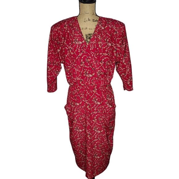 Vintage 80s Red Dainty Floral Cottagecore Deep V-Neck Midi Dress - Picture 1 of 16